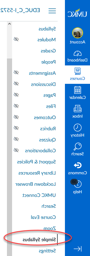 Canvas course menu with simple syllabus link