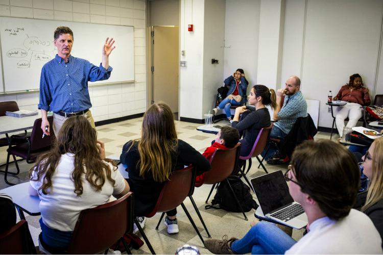 Professor Steve Kraske teaches a class with on the day before classes went remote.