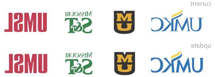 A comparison showing the old UMKC logo against the other three UM System university logos and the new UMKC logo against the three UM System logos